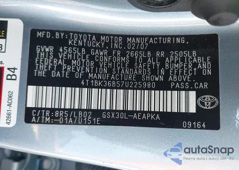 2007 Toyota Avalon Limited from USA, damaged, VIN 4T1BK36B57U225980
